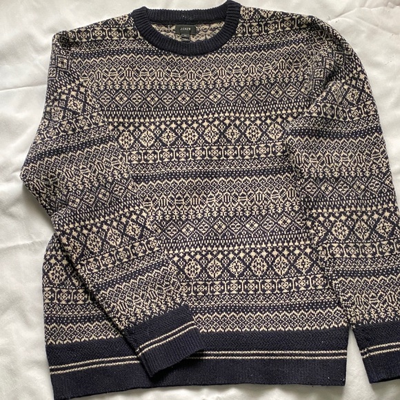 J. Crew Men's Sweater in Navy and Cream Pattern - Lambs Wool